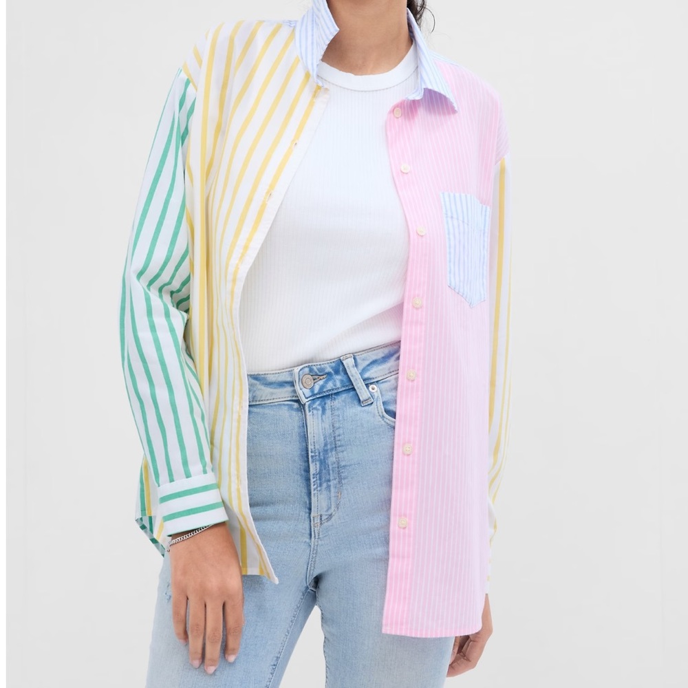 GAP poplin big shirt mix stripe raspberry rose